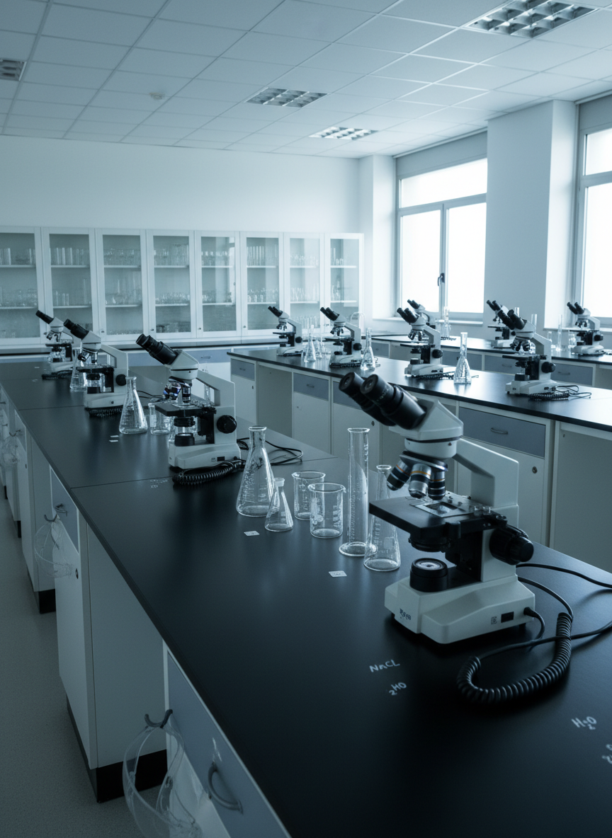 A secondary school science laboratory prepared for an experiment, with sturdy black workbenches arranged in rows, each equipped with microscopes, neatly coiled cables, labeled glassware, and safety goggles. White cabinets with glass doors in the background display carefully organized beakers and test tubes. Cool, even overhead lighting combines with a hint of daylight from high windows, creating a clear, clinical but approachable atmosphere. Photorealistic image captured from a diagonal, mid-height angle, showing depth along the benches and precise reflections on the smooth surfaces. The mood is serious, academic, and professional, perfectly suited to represent ESO-level education in a concertado school.